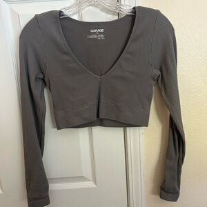 Garage Charcoal Ribbed V-Neck Crop Top